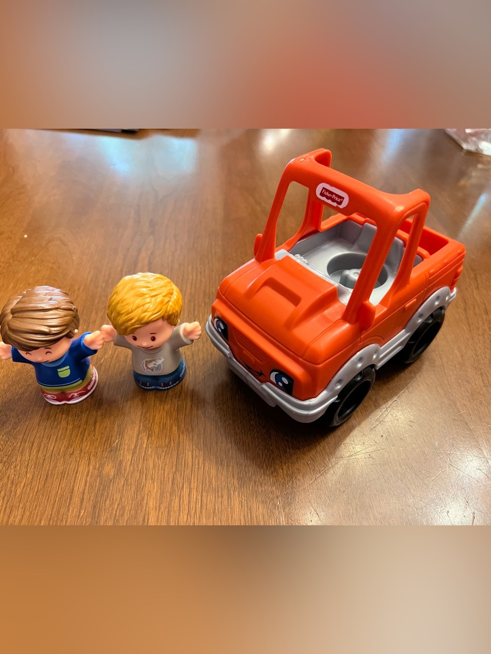 Fisher-Price Little People Orange Toy Truck with Blonde and Brunette boy Figures